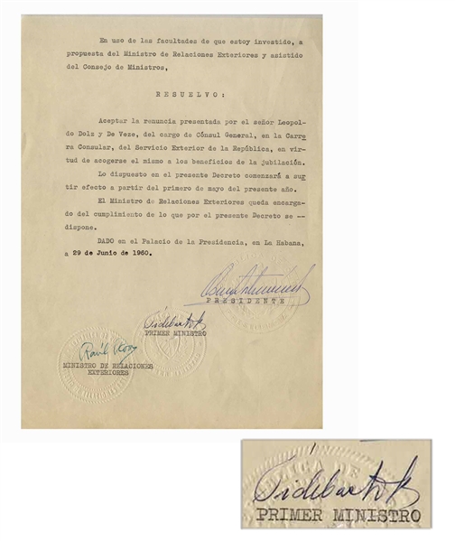 Fidel Castro Document Signed as Prime Minister From 1960